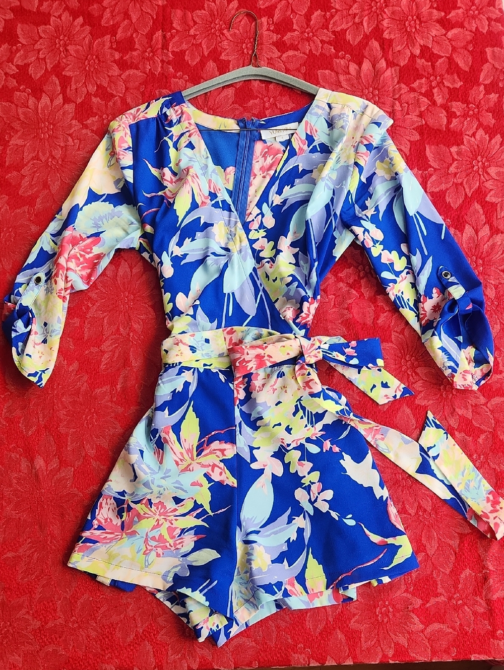 Yumi Kim Multicolor Floral-Print Blue Wrap Romper Size Small